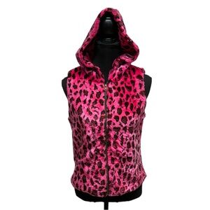 LIFE Clothing Co Pink Leopard Faux Fur Hooded Vest Women Size S Y2K Cozy